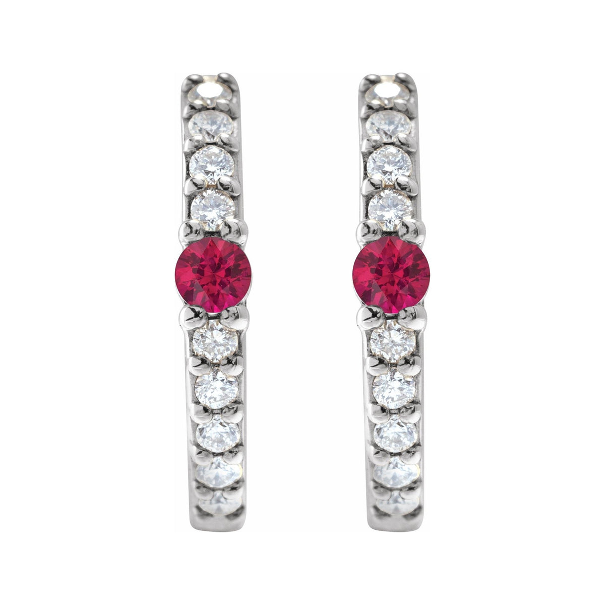Sapphire Row Lab-Grown Gemstone Pavé Accented Hoop Earrings - Ruby, 14K White Gold (view 2)