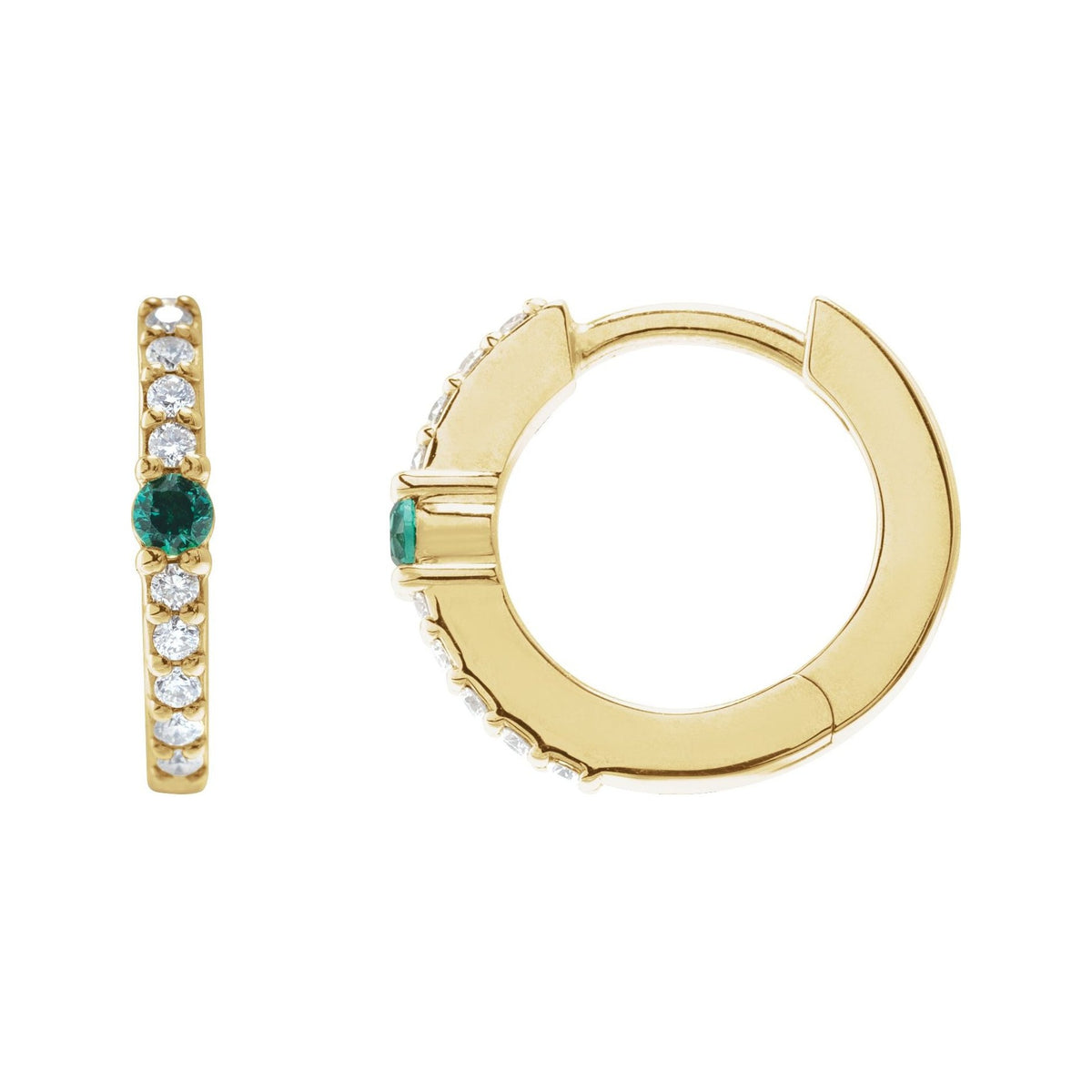 Sapphire Row Lab-Grown Gemstone Pavé Accented Hoop Earrings - Emerald, 14K Yellow Gold