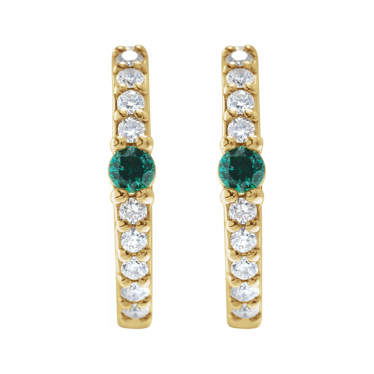 Sapphire Row Lab-Grown Gemstone Pavé Accented Hoop Earrings - Emerald, 14K Yellow Gold (view 2)