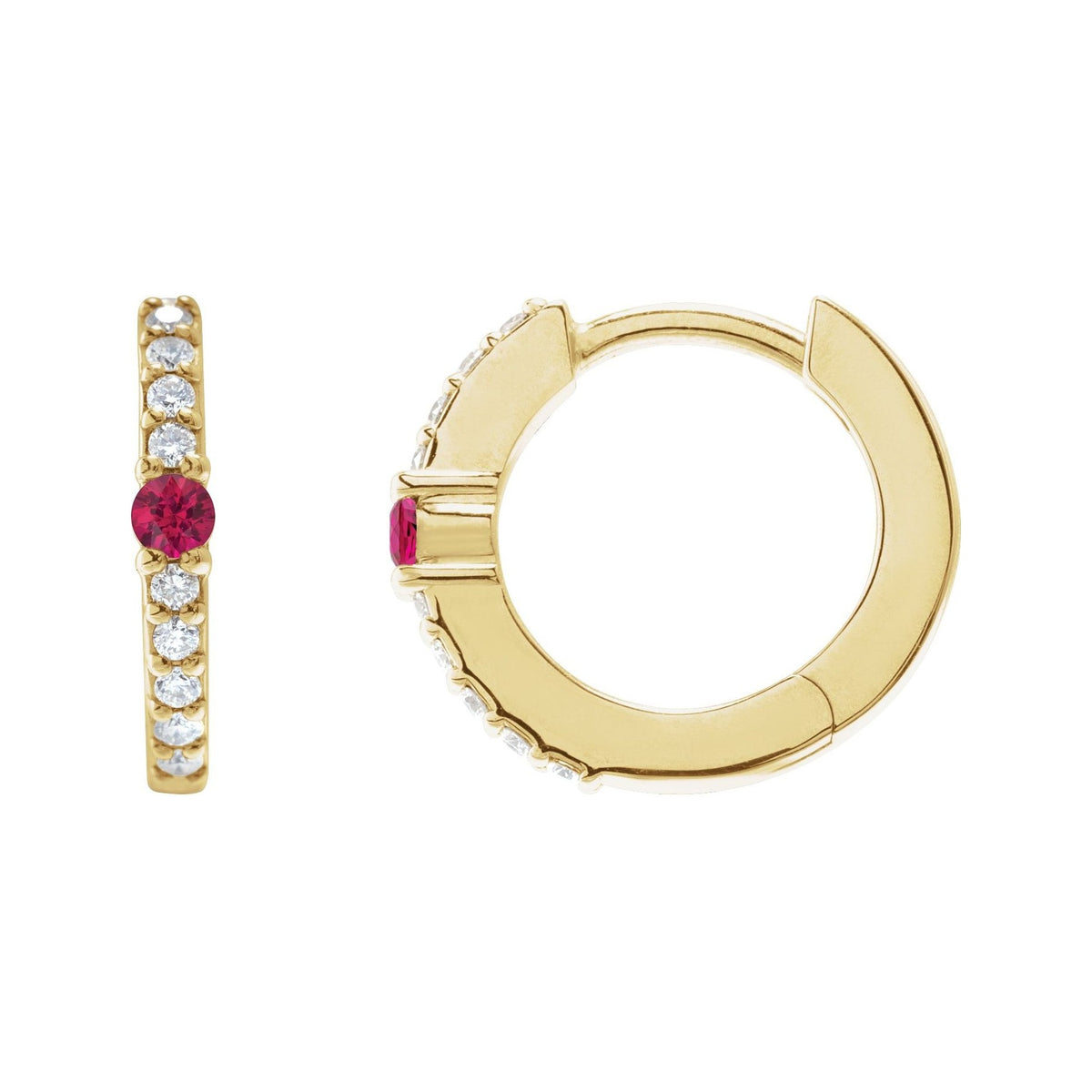 Sapphire Row Lab-Grown Gemstone Pavé Accented Hoop Earrings - Ruby, 14K Yellow Gold