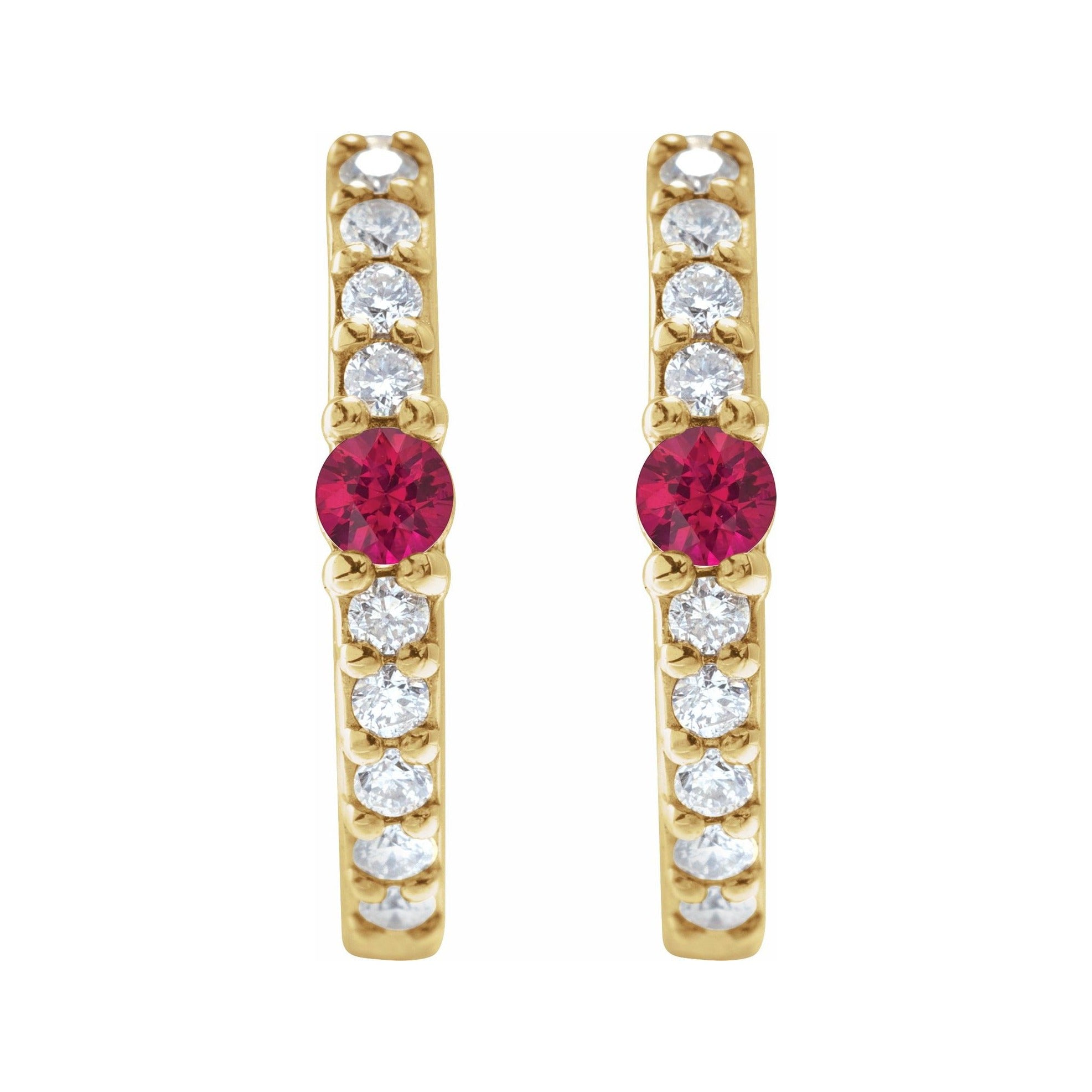 Sapphire Row Lab-Grown Gemstone Pavé Accented Hoop Earrings - Ruby, 14K Yellow Gold (view 2)