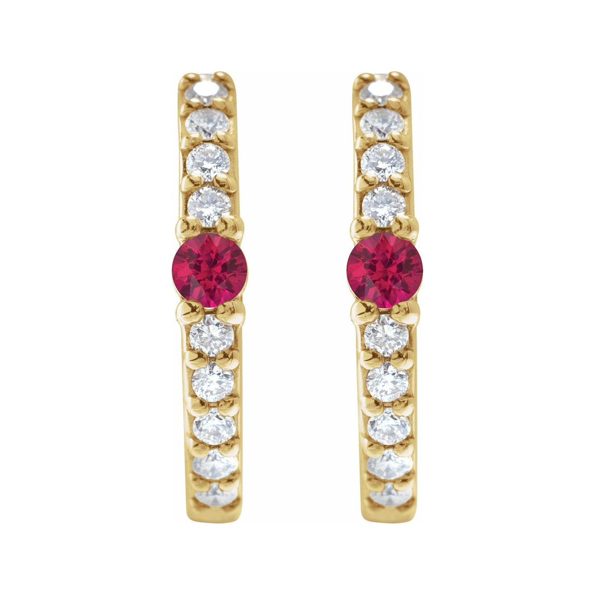 Sapphire Row Lab-Grown Gemstone Pavé Accented Hoop Earrings - Ruby, 14K Yellow Gold (view 2)
