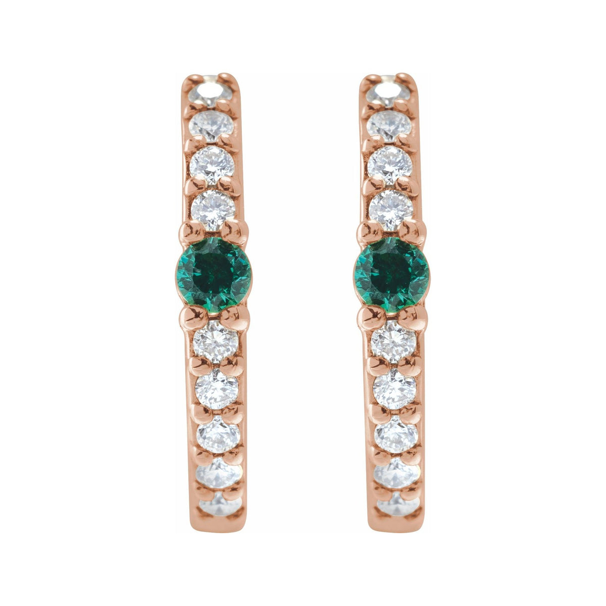 Sapphire Row Lab-Grown Gemstone Pavé Accented Hoop Earrings - Emerald, 14K Rose Gold (view 2)