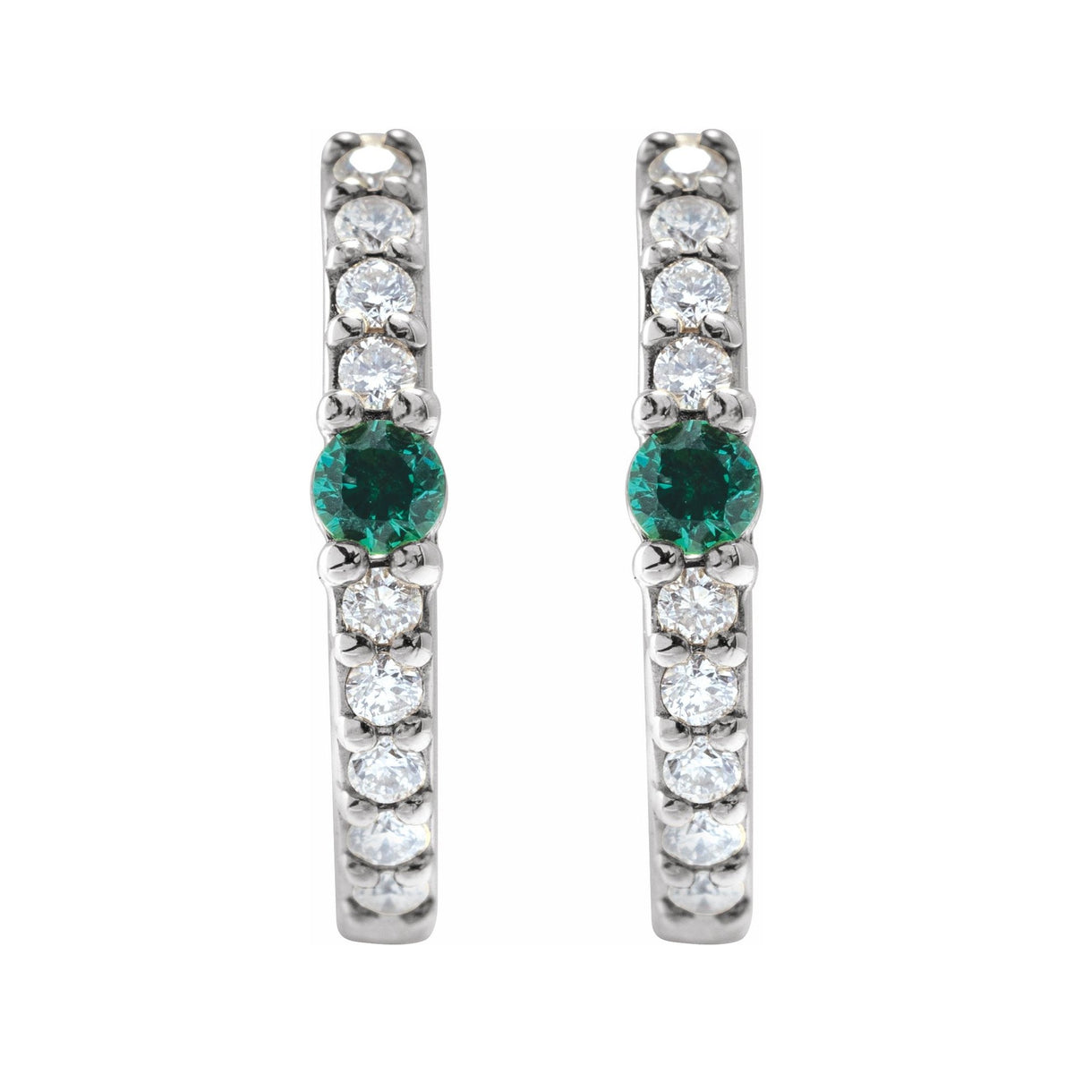 Sapphire Row Lab-Grown Gemstone Pavé Accented Hoop Earrings - Emerald, 14K White Gold (view 2)