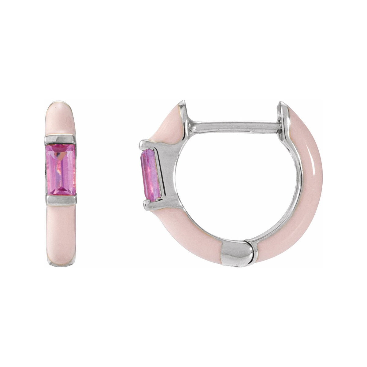 Sapphire Row Natural Pink Tourmaline & Pink Enamel Hinged Hoop Earrings - 14K White Gold