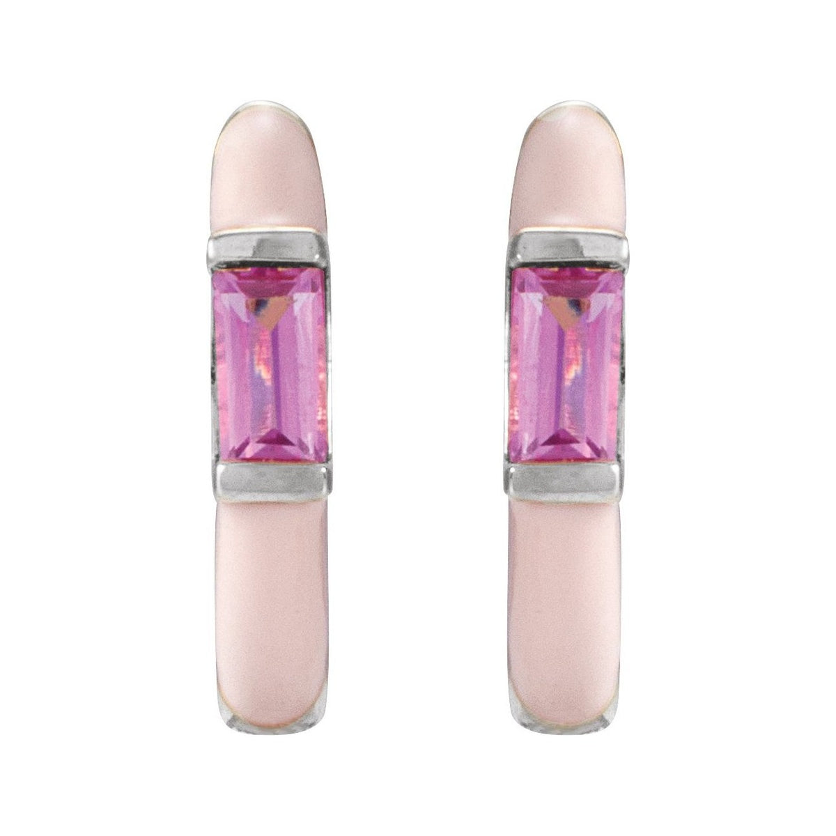 Sapphire Row Natural Pink Tourmaline & Pink Enamel Hinged Hoop Earrings - 14K White Gold (view 2)
