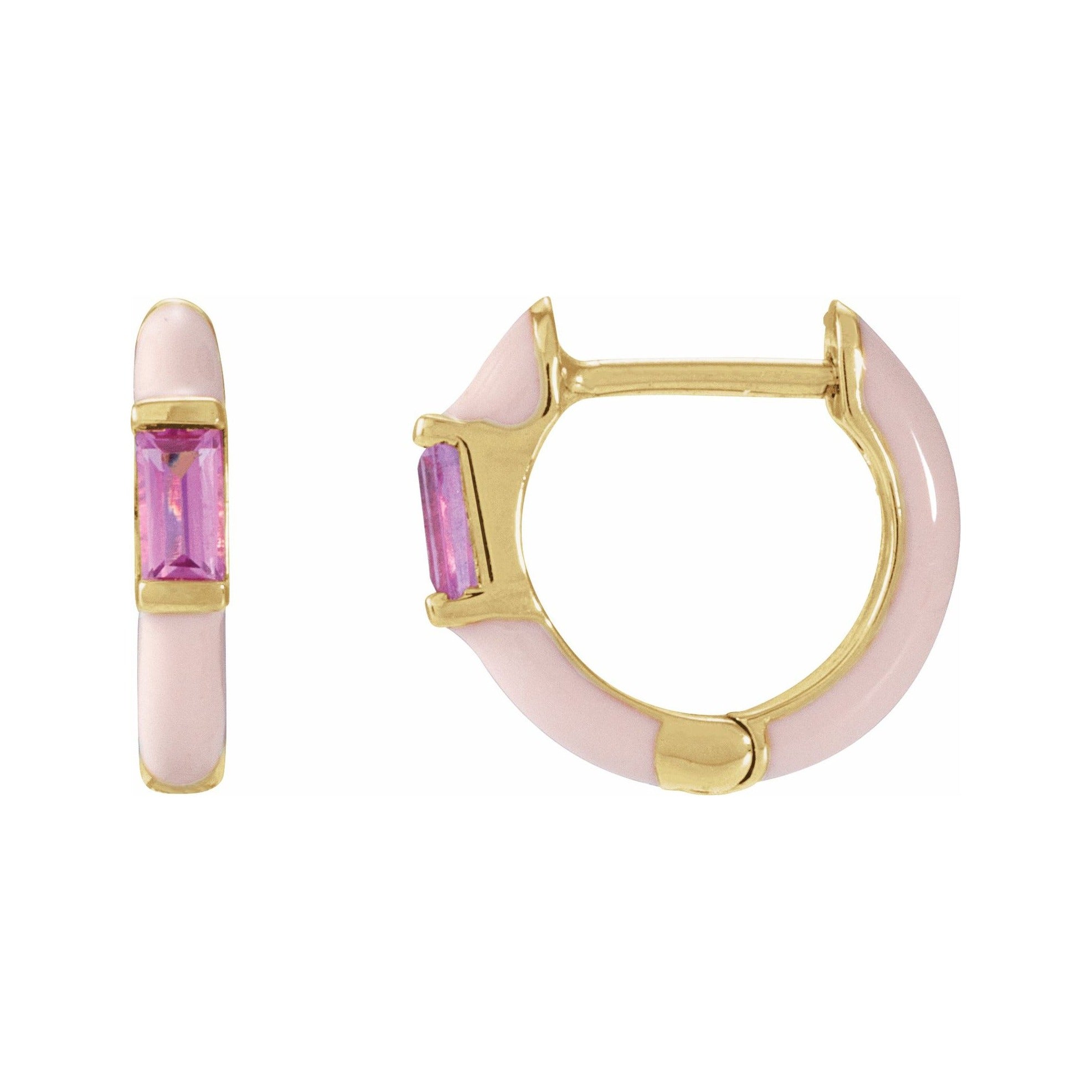 Sapphire Row Natural Pink Tourmaline & Pink Enamel Hinged Hoop Earrings - 14K Yellow Gold