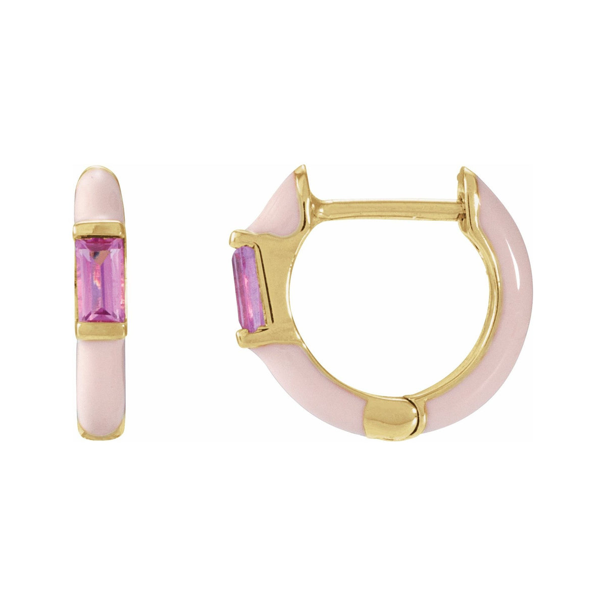 Sapphire Row Natural Pink Tourmaline & Pink Enamel Hinged Hoop Earrings - 14K Yellow Gold