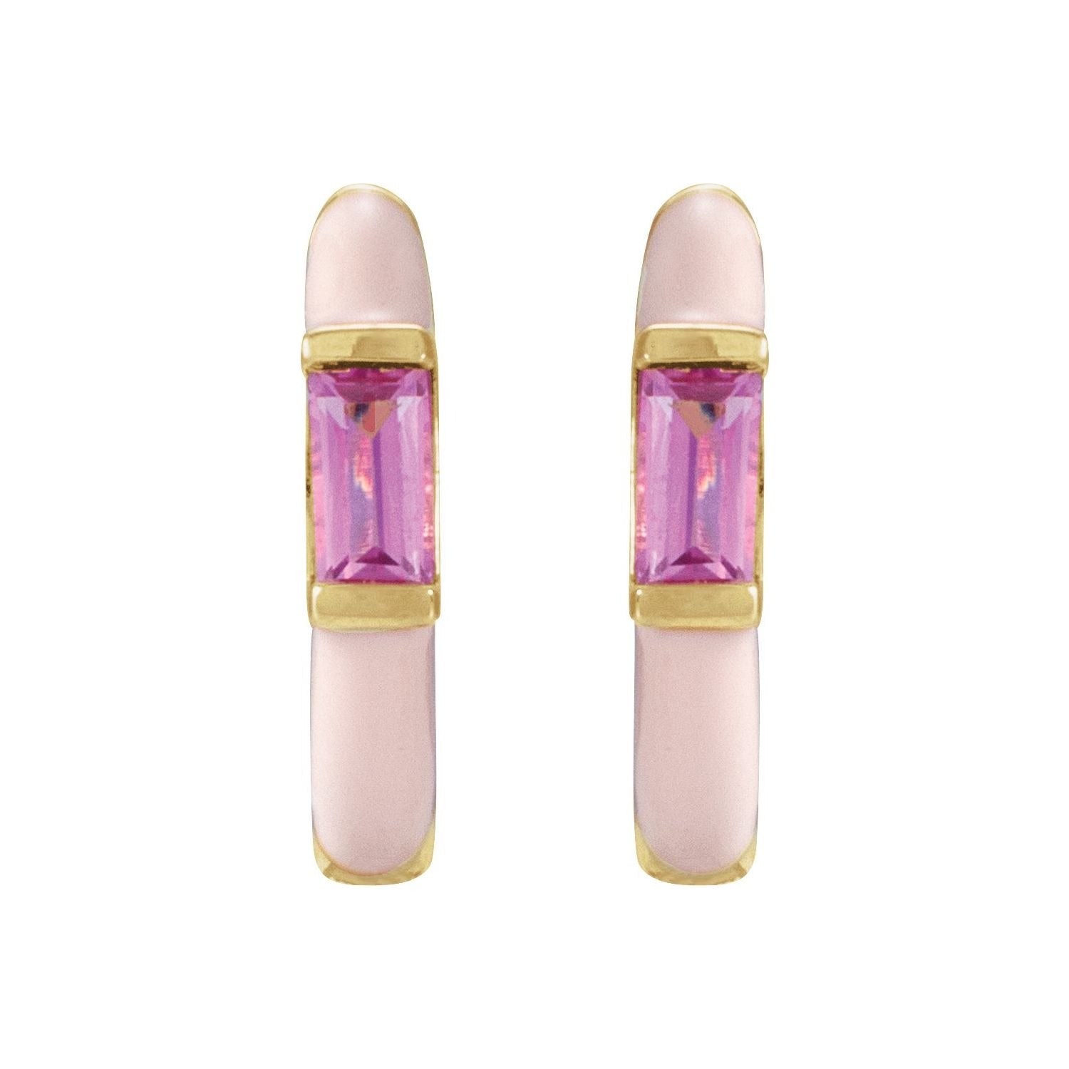 Sapphire Row Natural Pink Tourmaline & Pink Enamel Hinged Hoop Earrings - 14K Yellow Gold (view 2)