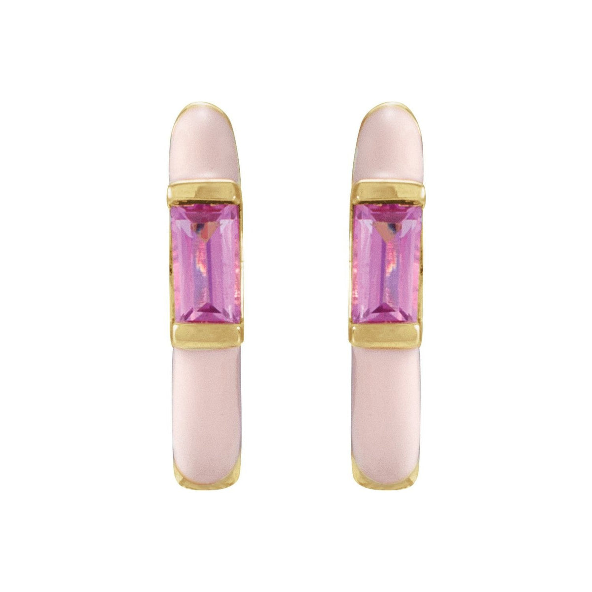 Sapphire Row Natural Pink Tourmaline & Pink Enamel Hinged Hoop Earrings - 14K Yellow Gold (view 2)