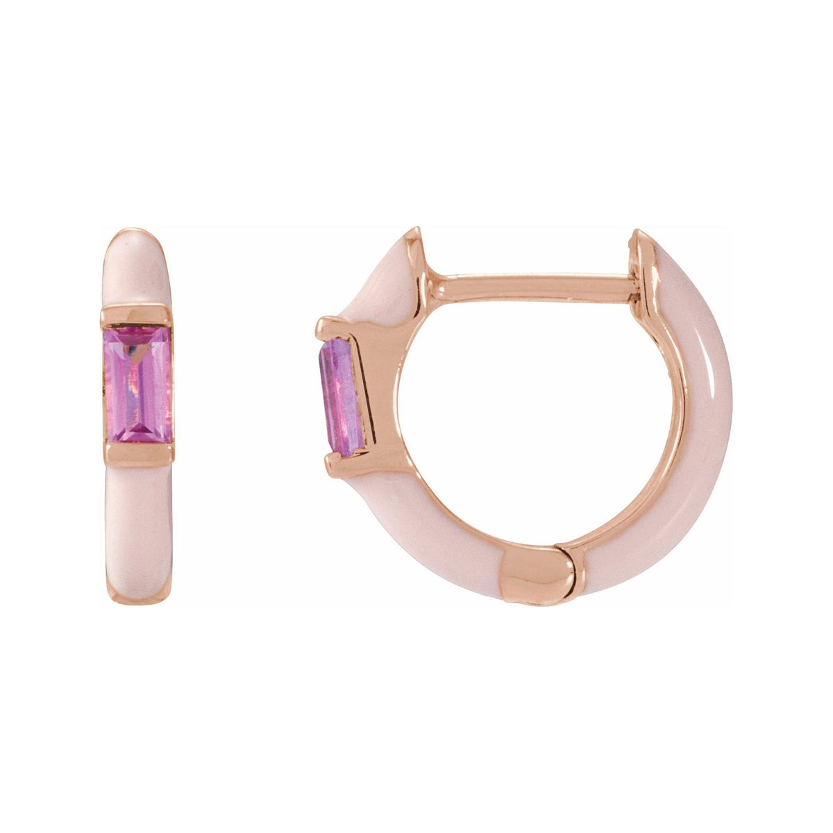 Sapphire Row Natural Pink Tourmaline & Pink Enamel Hinged Hoop Earrings - 14K Rose Gold