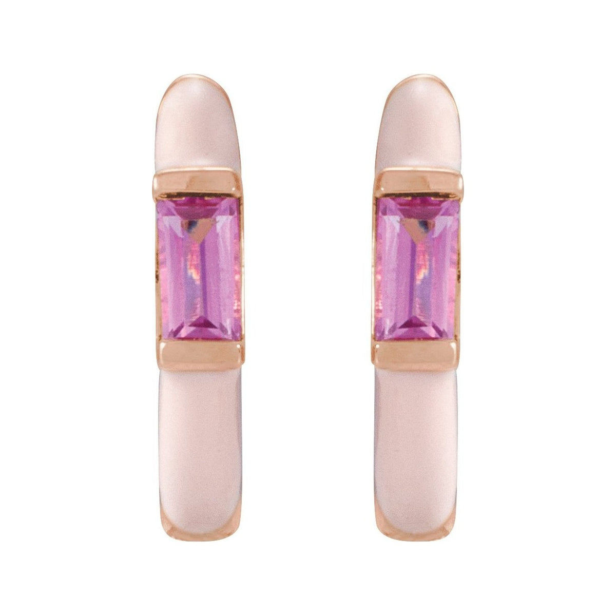 Sapphire Row Natural Pink Tourmaline & Pink Enamel Hinged Hoop Earrings - 14K Rose Gold (view 2)