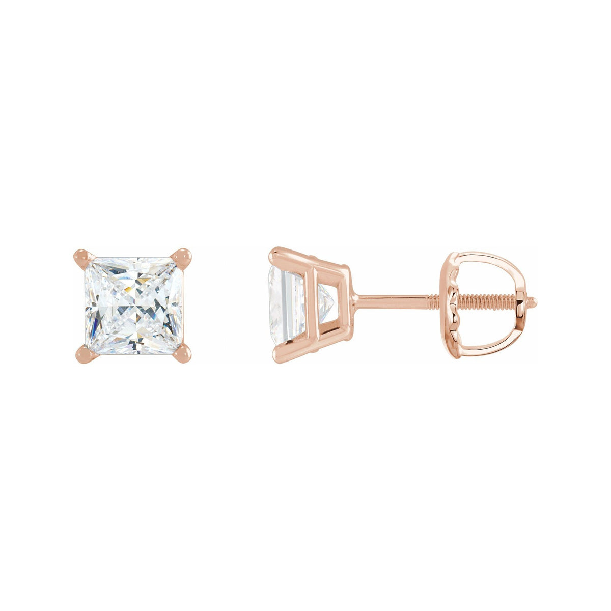 Sapphire Row Natural Diamond Princess-Cut Lightweight Stud Earrings - 14K Rose Gold, Threaded back