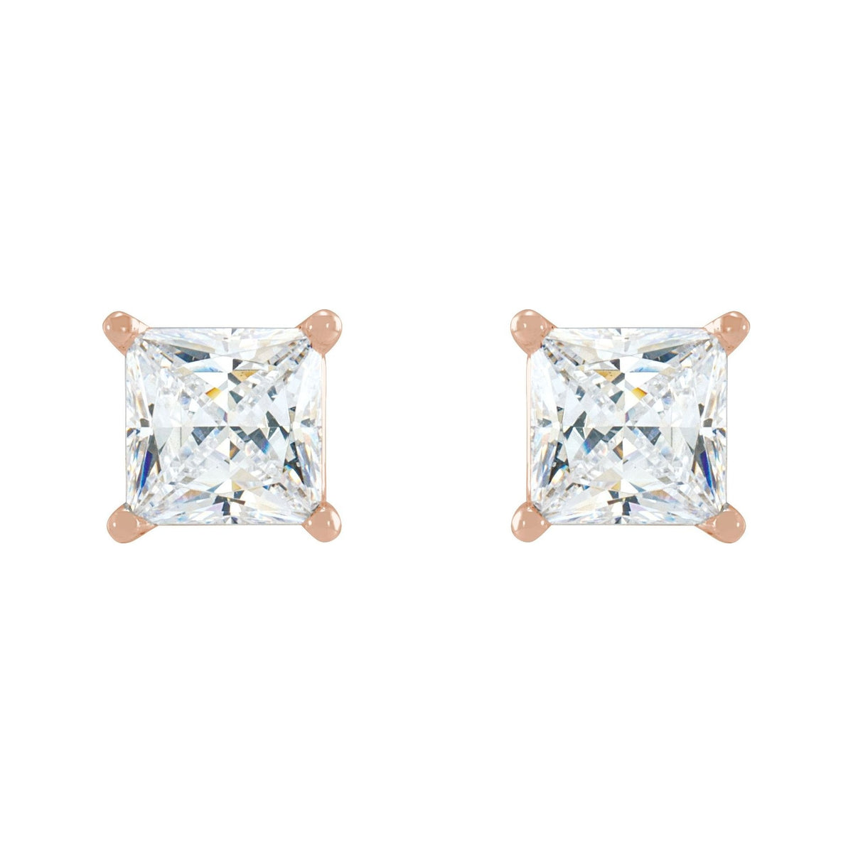 Sapphire Row Natural Diamond Princess-Cut Lightweight Stud Earrings - 14K Rose Gold, Threaded back (view 2)