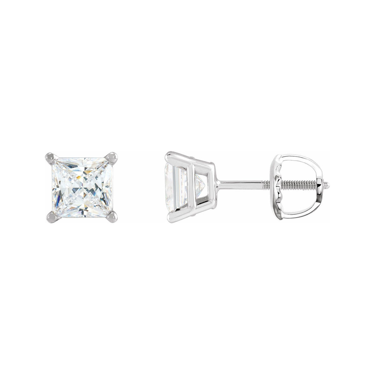 Sapphire Row Natural Diamond Princess-Cut Lightweight Stud Earrings - 14K White Gold, Threaded back