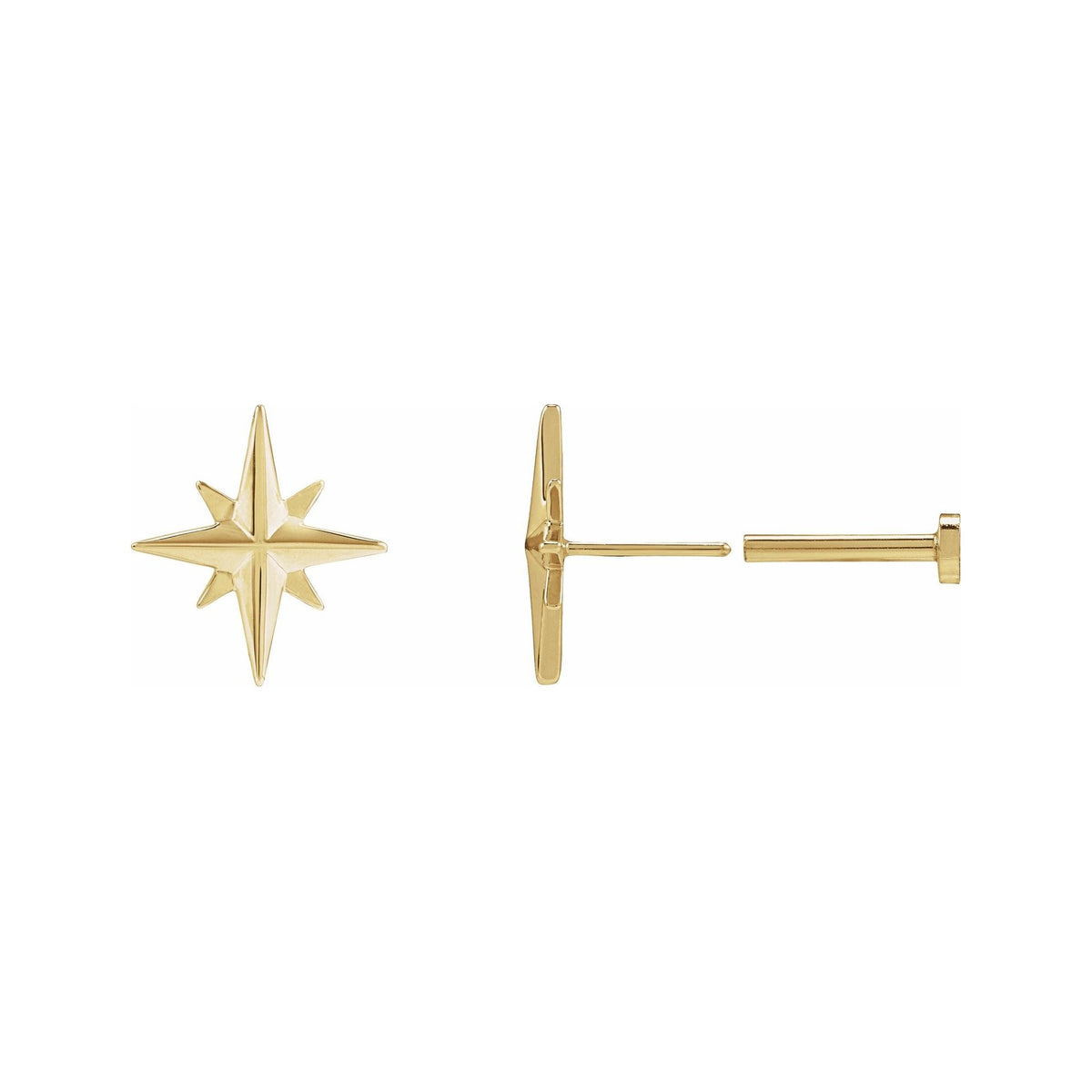 Sapphire Row Gold Eight-Point Star Stud Earrings - 14K Yellow Gold, 9.7 × 9.3 mm, Tension back (view 3)
