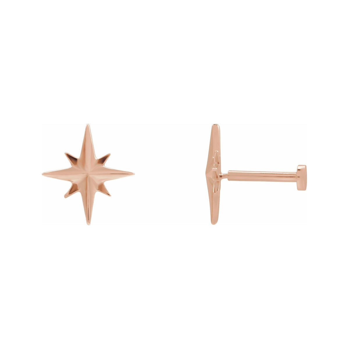Sapphire Row Gold Eight-Point Star Stud Earrings - 14K Rose Gold, 9.7 × 9.3 mm, Tension back