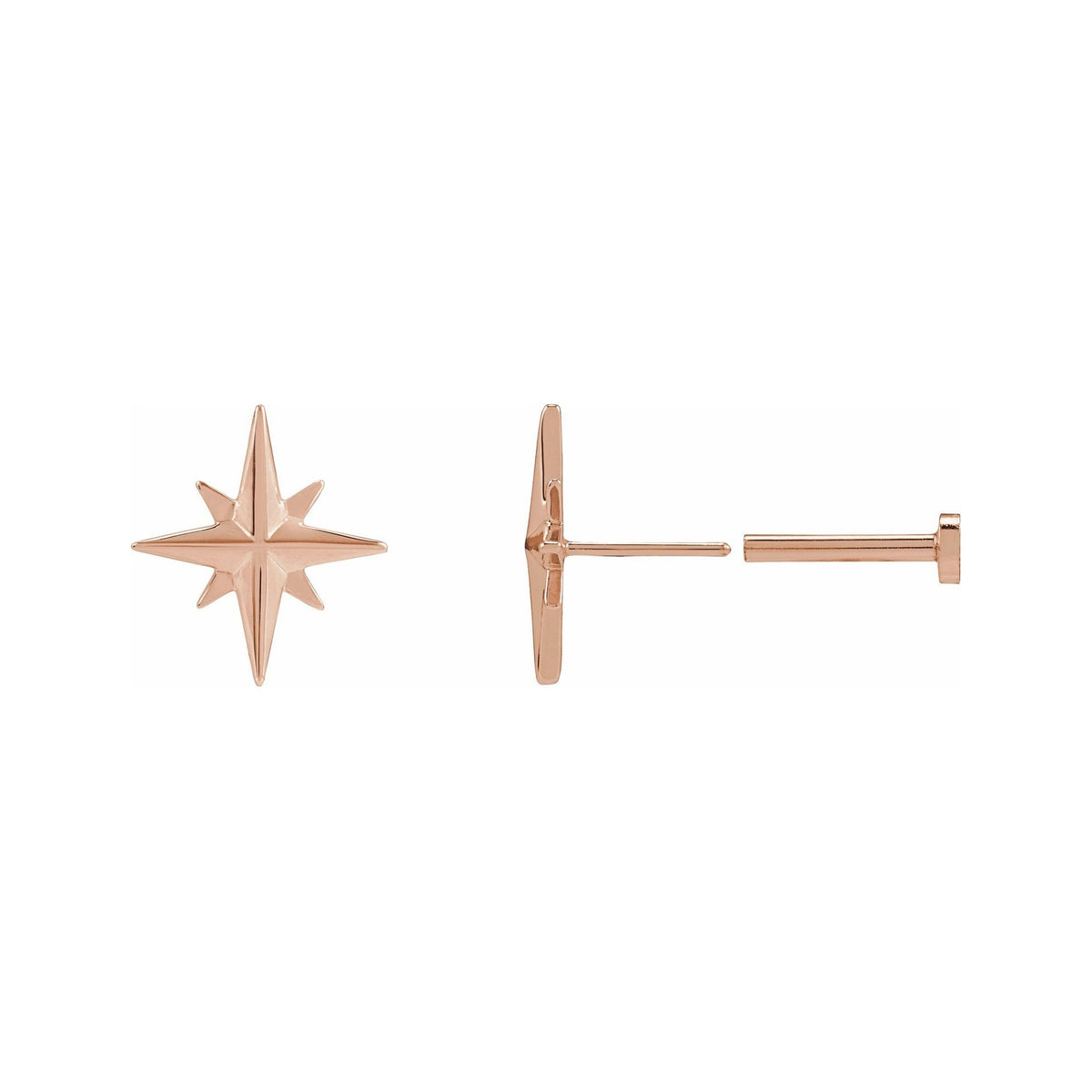 Sapphire Row Gold Eight-Point Star Stud Earrings - 14K Rose Gold, 9.7 × 9.3 mm, Tension back (view 3)