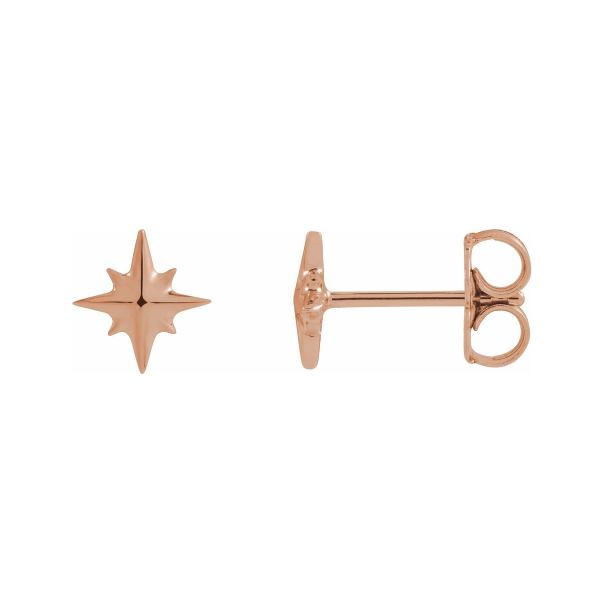 Sapphire Row Gold Eight-Point Star Stud Earrings - 14K Rose Gold, 7.1 × 6.7 mm, Friction back