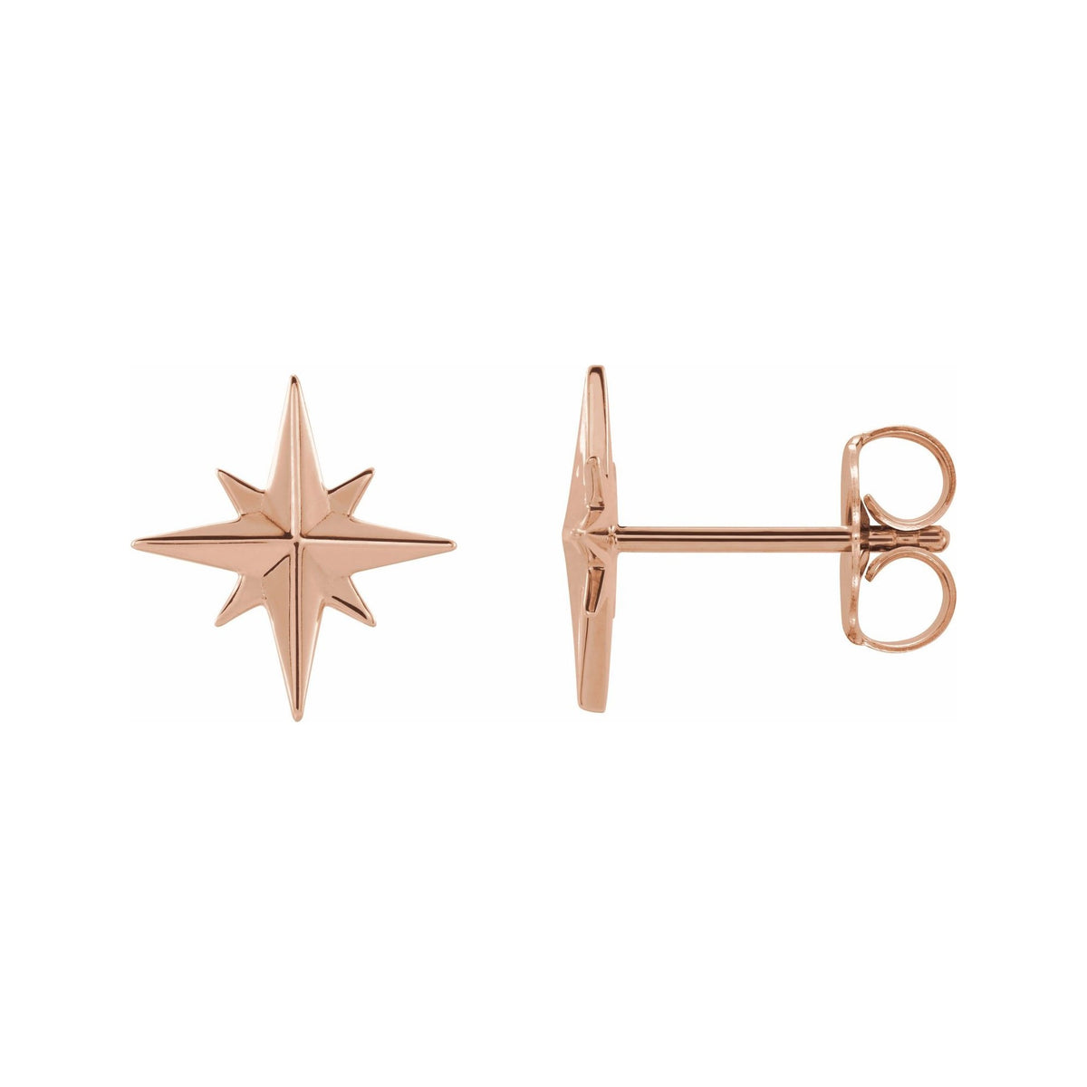 Sapphire Row Gold Eight-Point Star Stud Earrings - 14K Rose Gold, 9.7 × 9.3 mm, Friction back