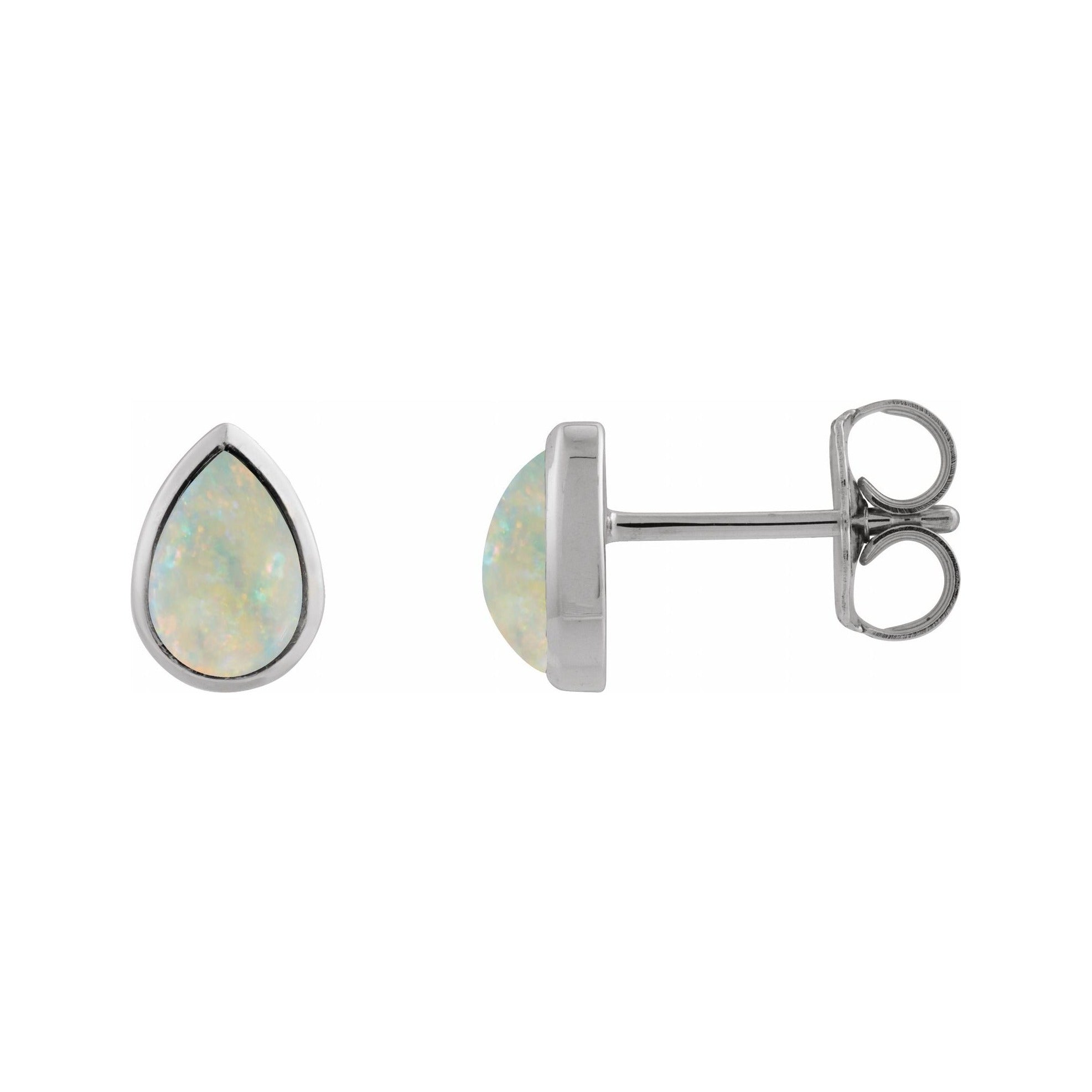 Sapphire Row Lab-Grown White Opal Pear Cabochon Stud Earrings - 14K White Gold