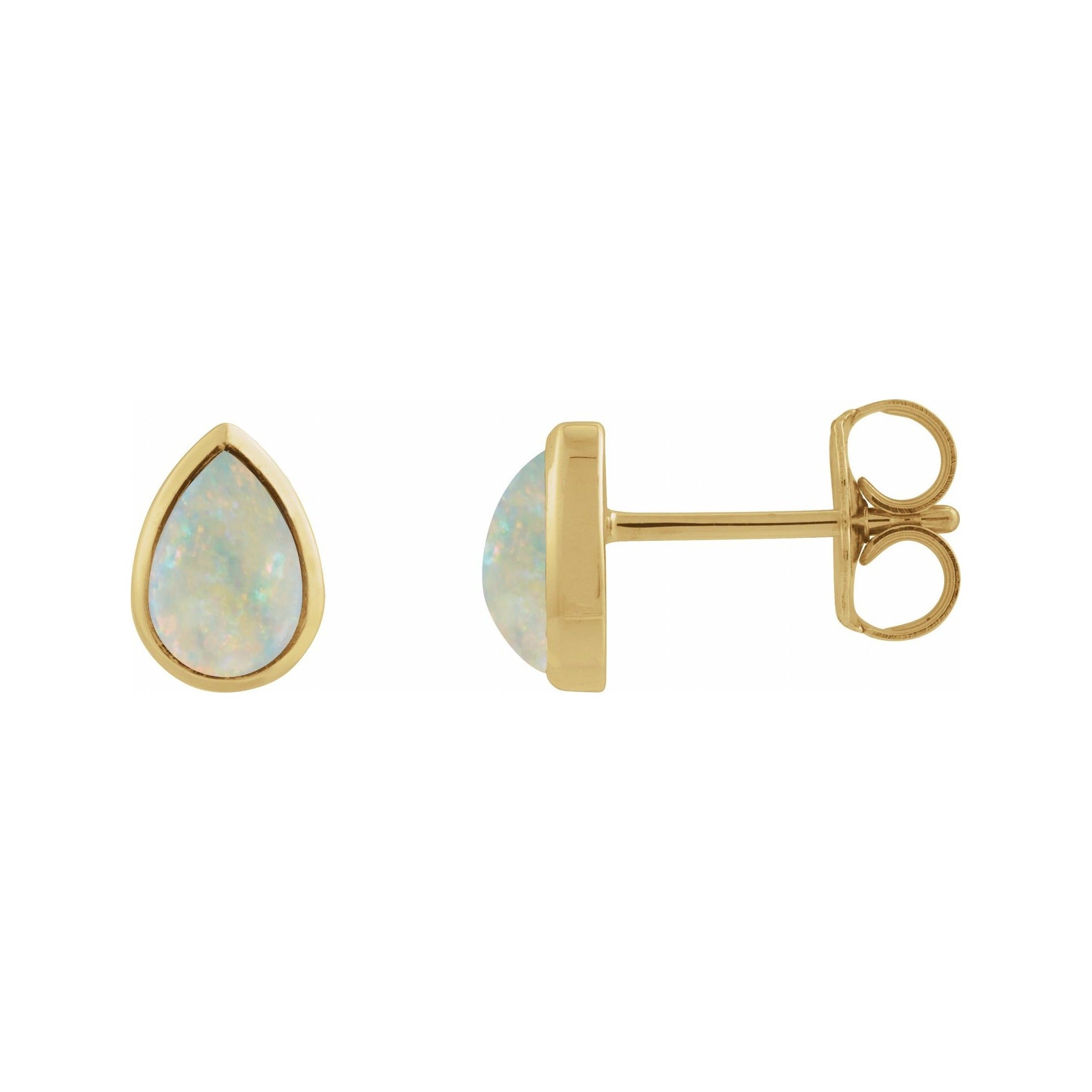 Sapphire Row Lab-Grown White Opal Pear Cabochon Stud Earrings - 14K Yellow Gold