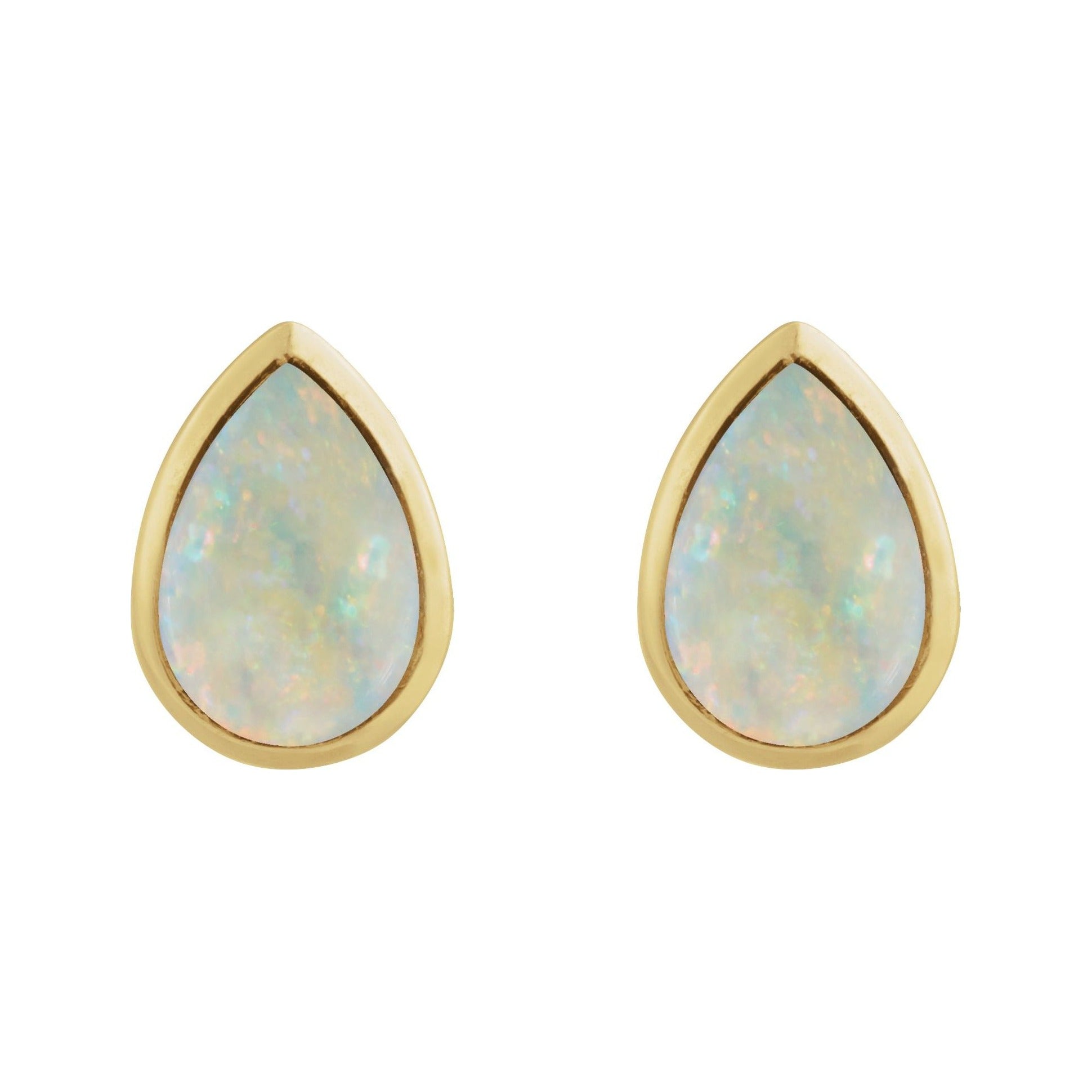 Sapphire Row Lab-Grown White Opal Pear Cabochon Stud Earrings - 14K Yellow Gold (view 2)