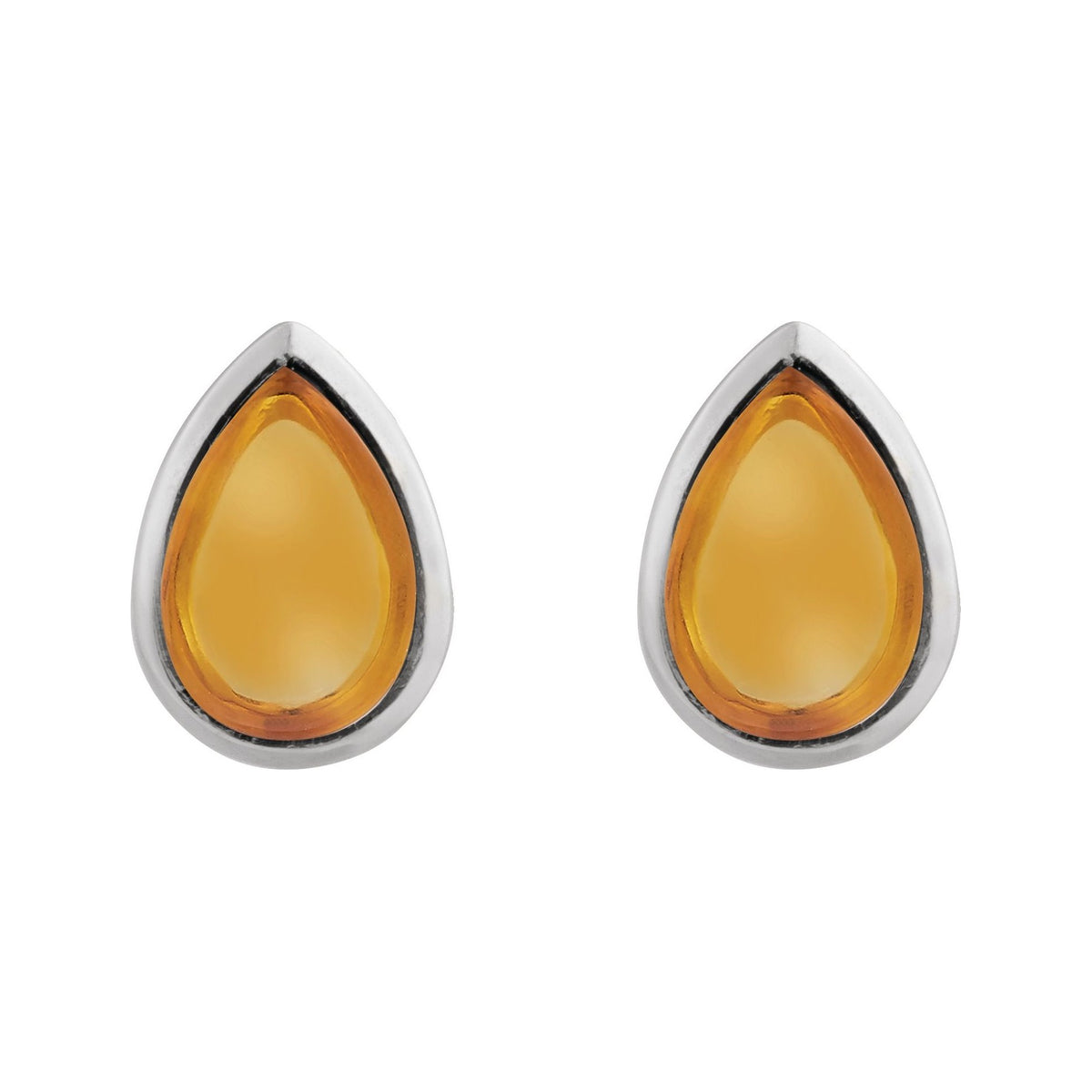 Sapphire Row Natural Gemstone Pear Cabochon Stud Earrings - Citrine, Platinum (view 2)