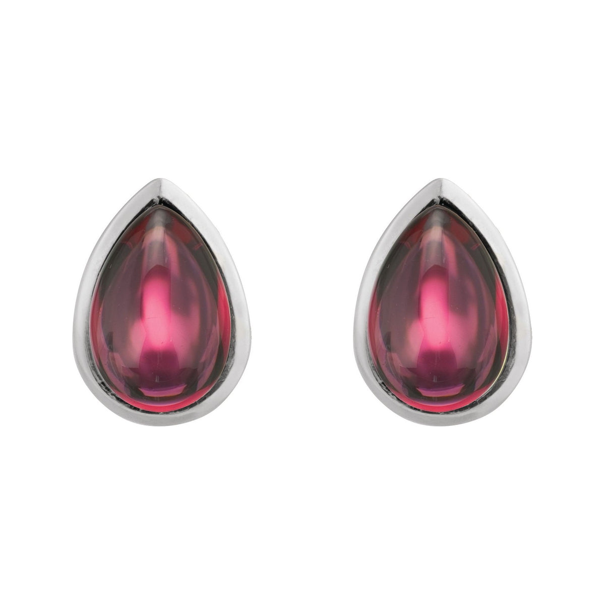 Sapphire Row Natural Gemstone Pear Cabochon Stud Earrings - Rhodolite Garnet, Platinum (view 2)