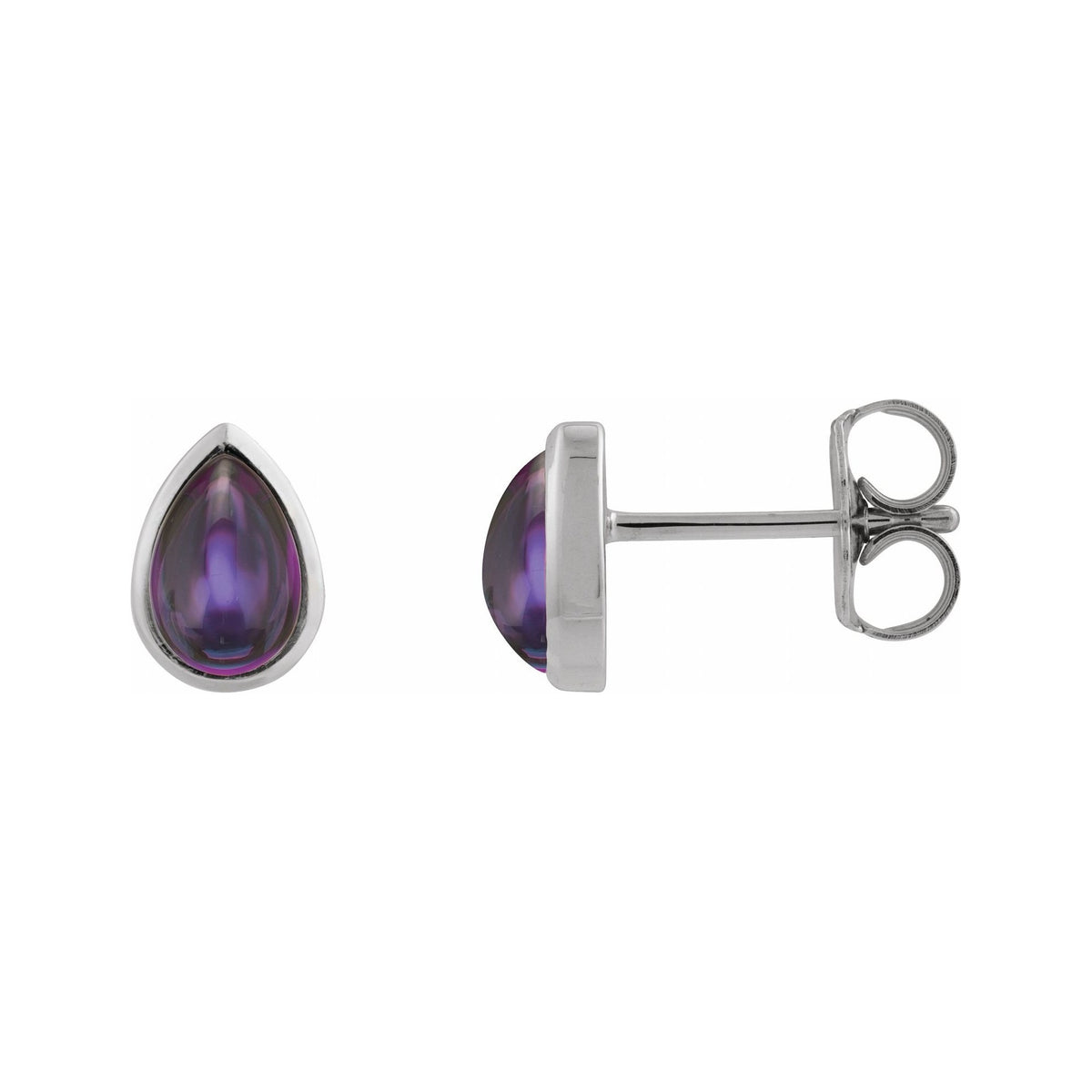 Sapphire Row Natural Gemstone Pear Cabochon Stud Earrings - Amethyst, Platinum