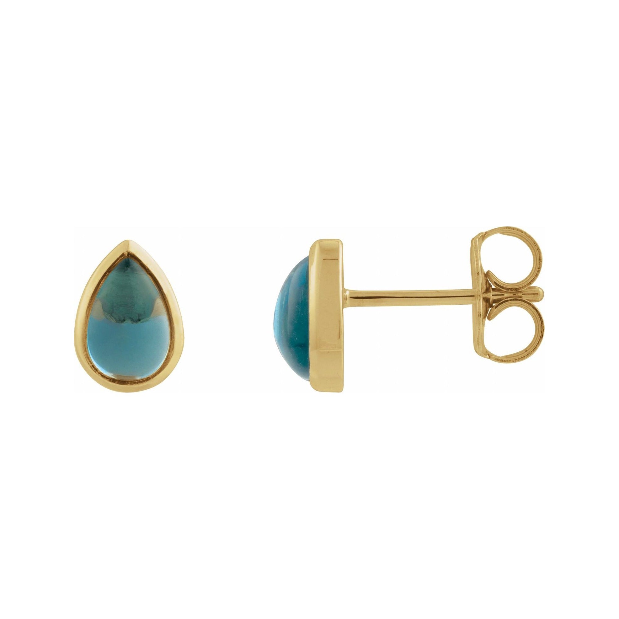 Sapphire Row Natural Gemstone Pear Cabochon Stud Earrings - London Blue Topaz, 14K Yellow Gold, 6 × 4 mm