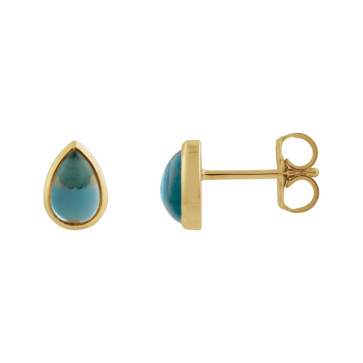 Sapphire Row Natural Gemstone Pear Cabochon Stud Earrings - London Blue Topaz, 14K Yellow Gold, 6 × 4 mm