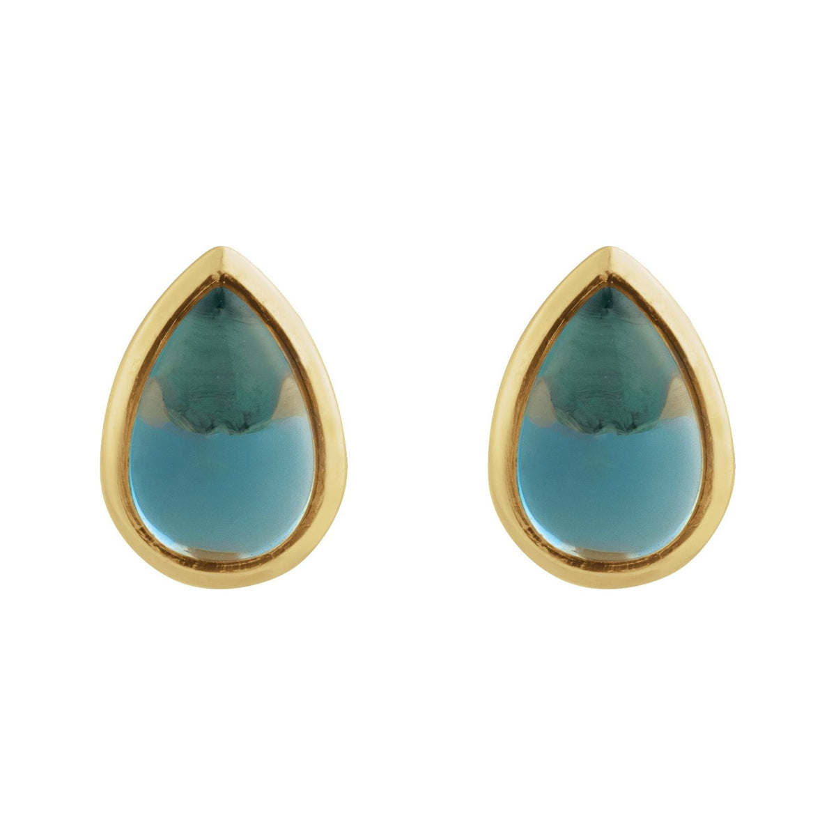 Sapphire Row Natural Gemstone Pear Cabochon Stud Earrings - London Blue Topaz, 14K Yellow Gold, 6 × 4 mm (view 2)