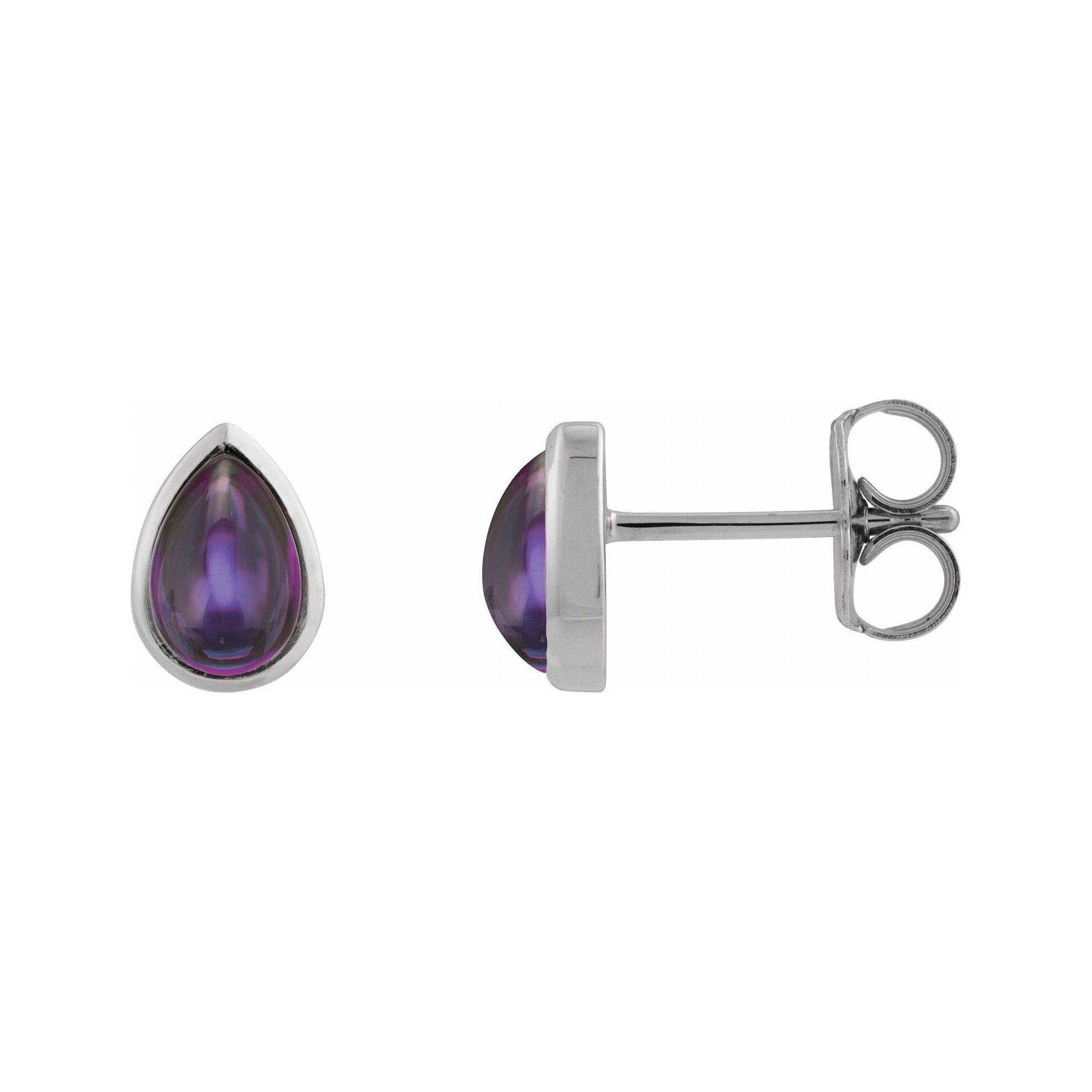 Sapphire Row Natural Gemstone Pear Cabochon Stud Earrings - Amethyst, 14K White Gold