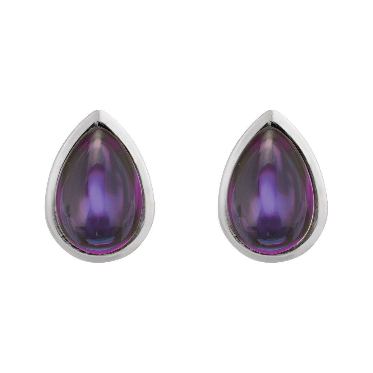 Sapphire Row Natural Gemstone Pear Cabochon Stud Earrings - Amethyst, 14K White Gold (view 2)