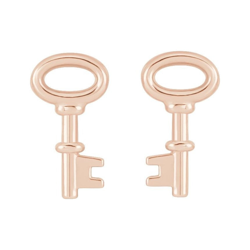 Sapphire Row Gold Petite Key Stud Earrings - 14K Rose Gold (view 2)