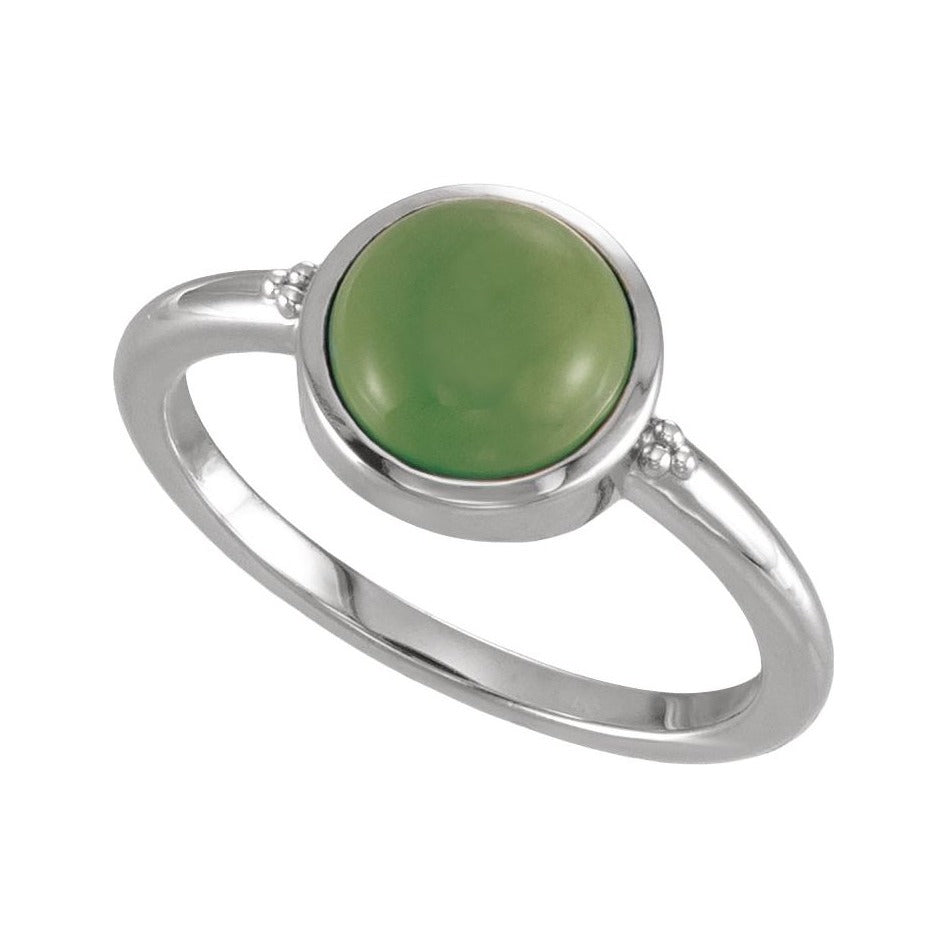 Sapphire Row Natural Gemstone Beaded Bezel Cabochon Ring - Jade, 14K White Gold (view 4)