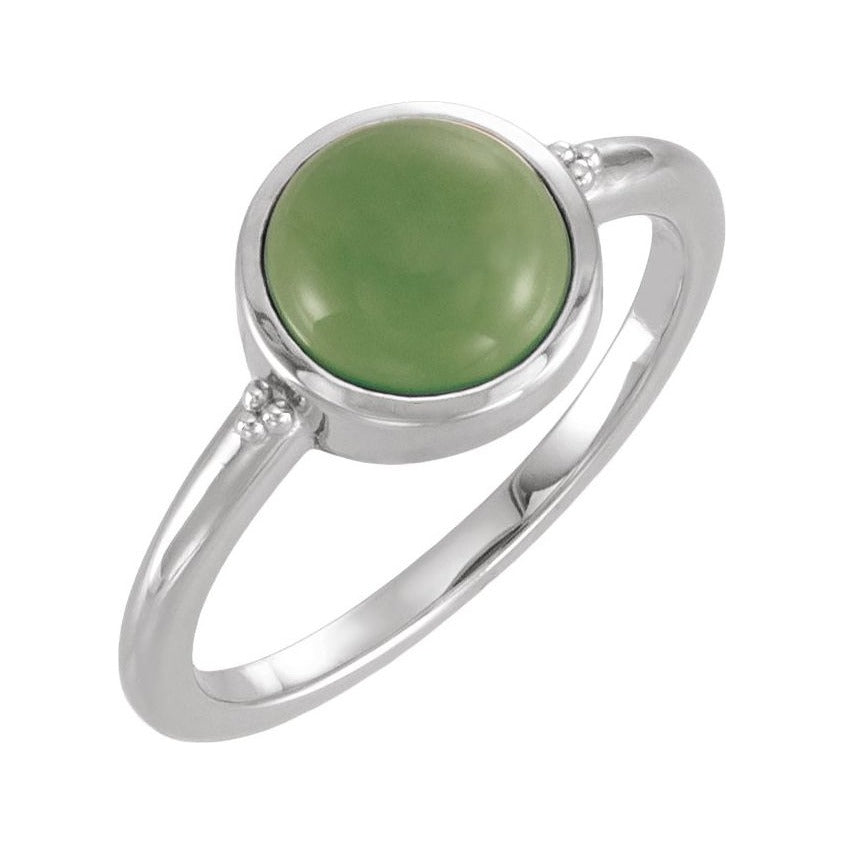 Sapphire Row Natural Gemstone Beaded Bezel Cabochon Ring - Jade, Platinum