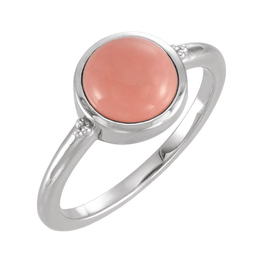 Sapphire Row Natural Gemstone Beaded Bezel Cabochon Ring - Pink Opal, 14K White Gold
