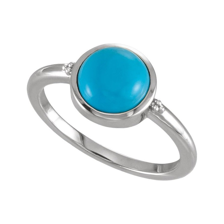 Sapphire Row Natural Gemstone Beaded Bezel Cabochon Ring - Turquoise, 14K White Gold (view 4)