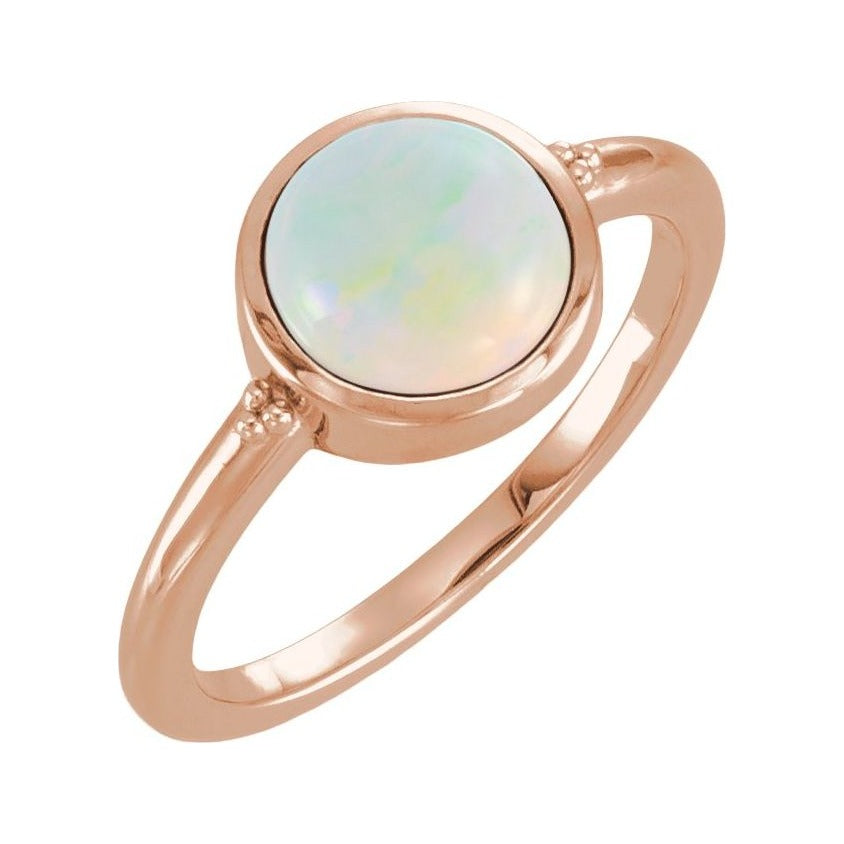 Sapphire Row Lab-Grown White Opal Beaded Bezel Cabochon Ring - 14K Rose Gold