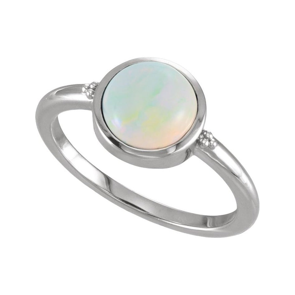 Sapphire Row Lab-Grown White Opal Beaded Bezel Cabochon Ring - Platinum (view 4)