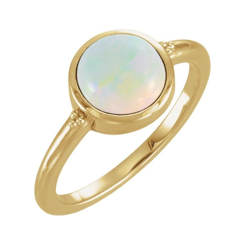 Sapphire Row Lab-Grown White Opal Beaded Bezel Cabochon Ring - 14K Yellow Gold