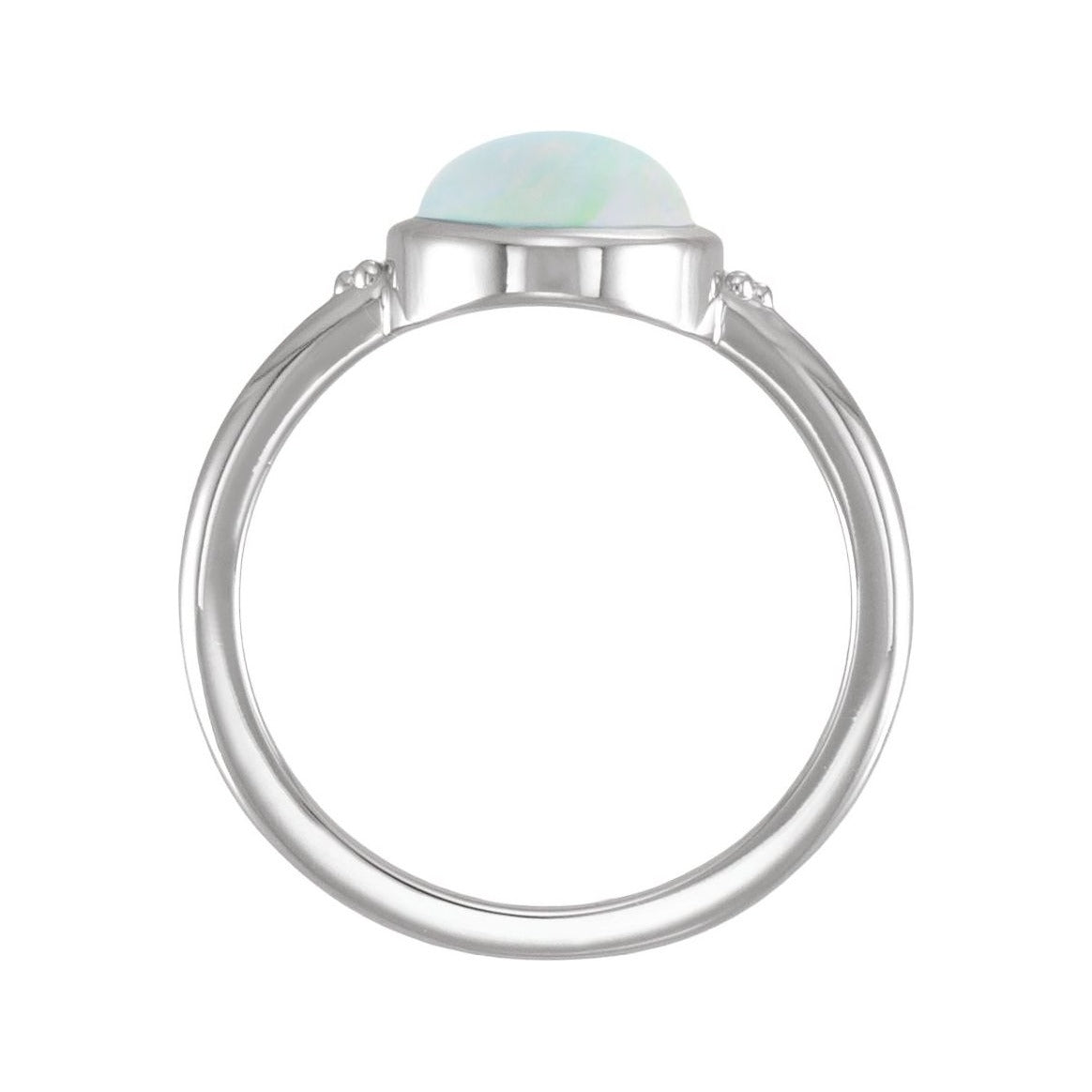 Sapphire Row Lab-Grown White Opal Beaded Bezel Cabochon Ring - 14K White Gold (view 2)