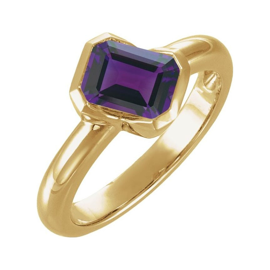Sapphire Row Natural Gemstone Half-Bezel Asymmetric Solitaire Ring - Amethyst, 14K Yellow Gold