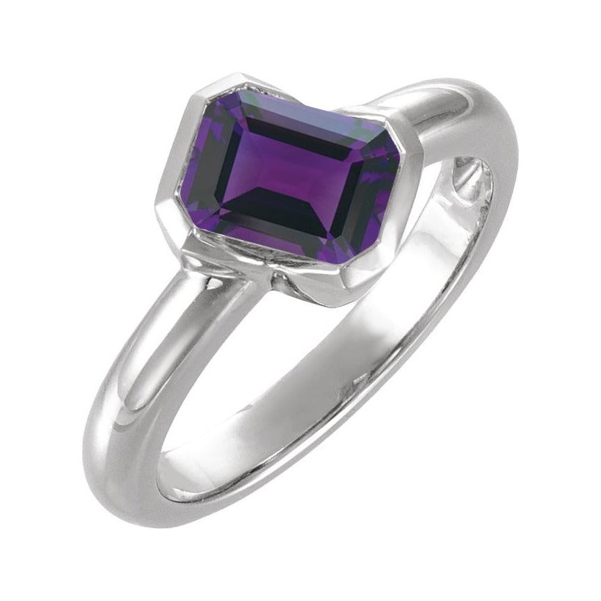 Sapphire Row Natural Gemstone Half-Bezel Asymmetric Solitaire Ring - Amethyst, 14K White Gold
