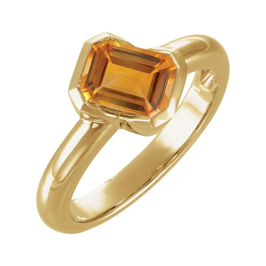 Sapphire Row Natural Gemstone Half-Bezel Asymmetric Solitaire Ring - Citrine, 14K Yellow Gold