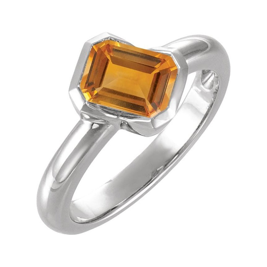 Sapphire Row Natural Gemstone Half-Bezel Asymmetric Solitaire Ring - Citrine, 14K White Gold
