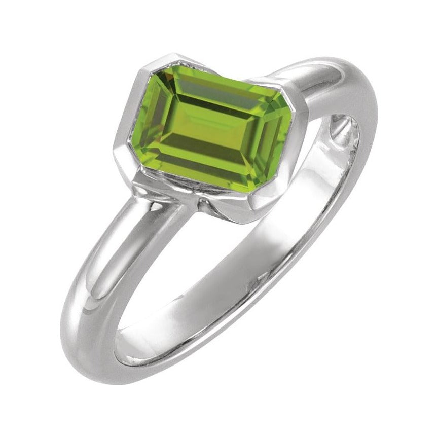 Sapphire Row Natural Gemstone Half-Bezel Asymmetric Solitaire Ring - Peridot, 14K White Gold