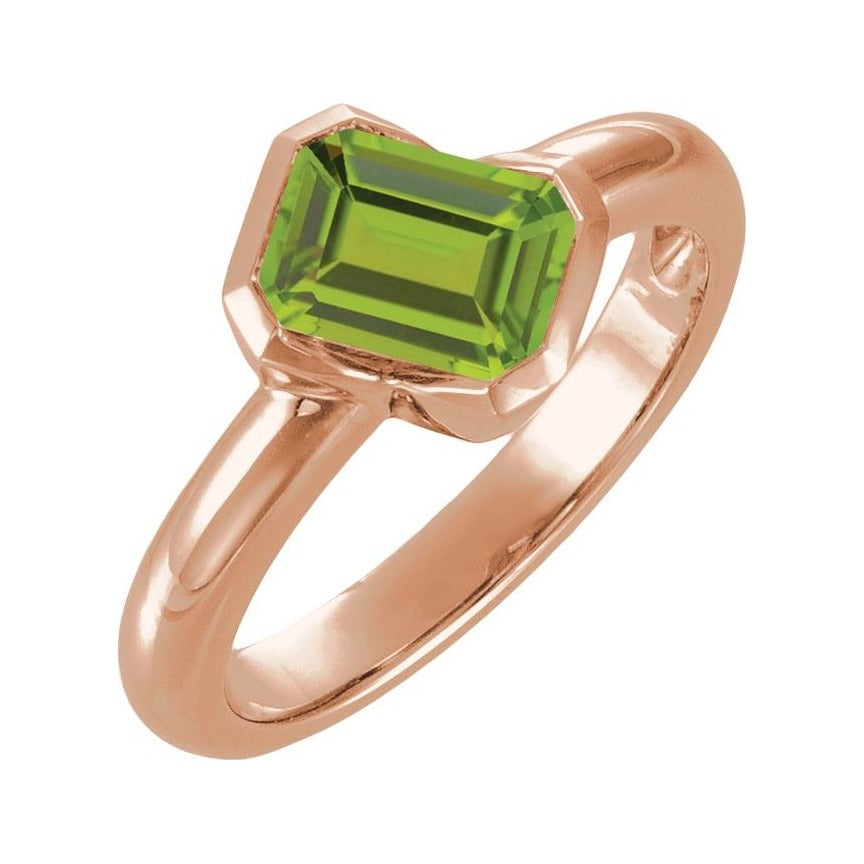 Sapphire Row Natural Gemstone Half-Bezel Asymmetric Solitaire Ring - Peridot, 14K Rose Gold